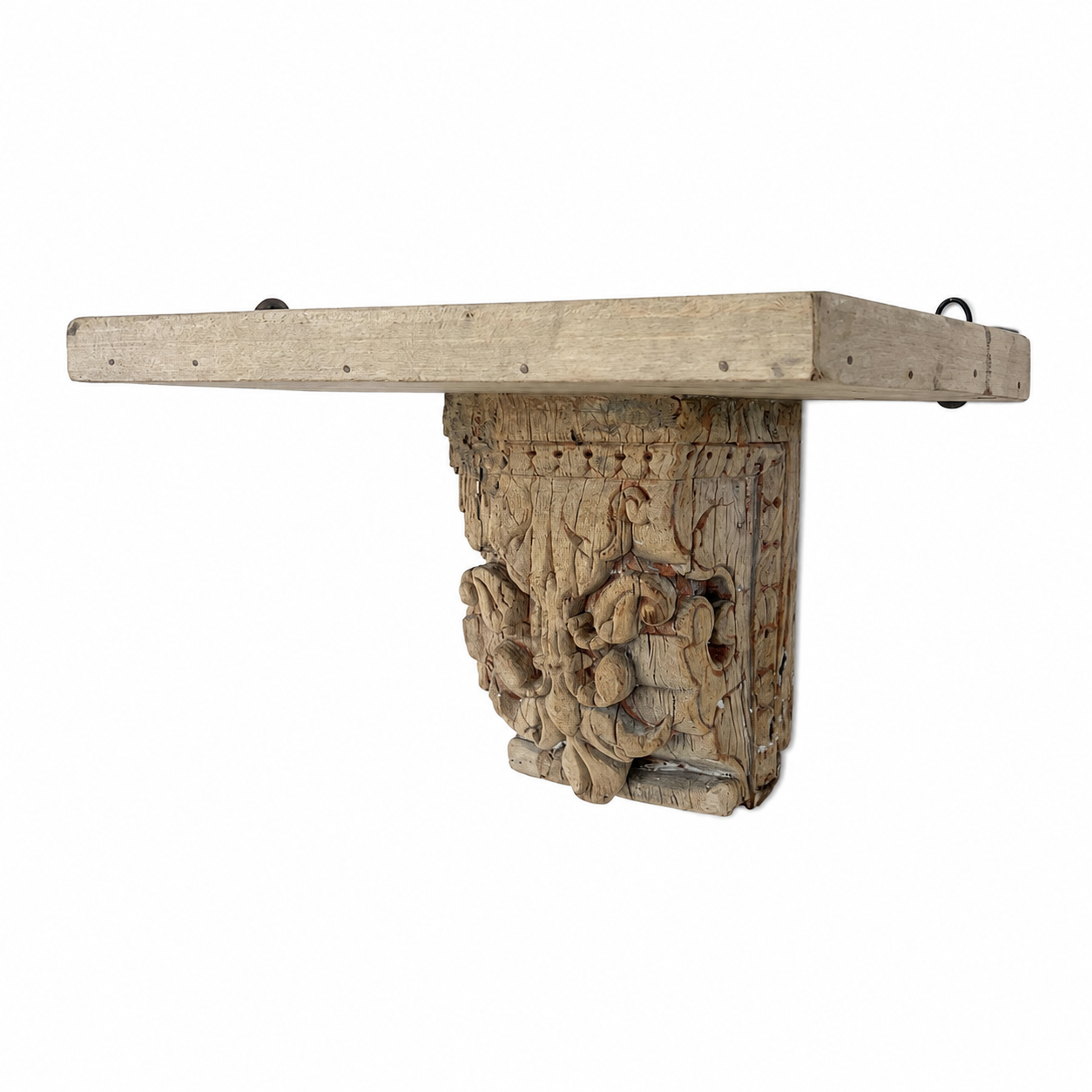 White background image of a Ujwala reclaimed teak wood wall shelf with hand carved antique Indian bracket 40cm