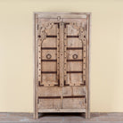 Lakshya bleached mango wood cabinet with original hand carved Indian door panels and iron fittings 167cm