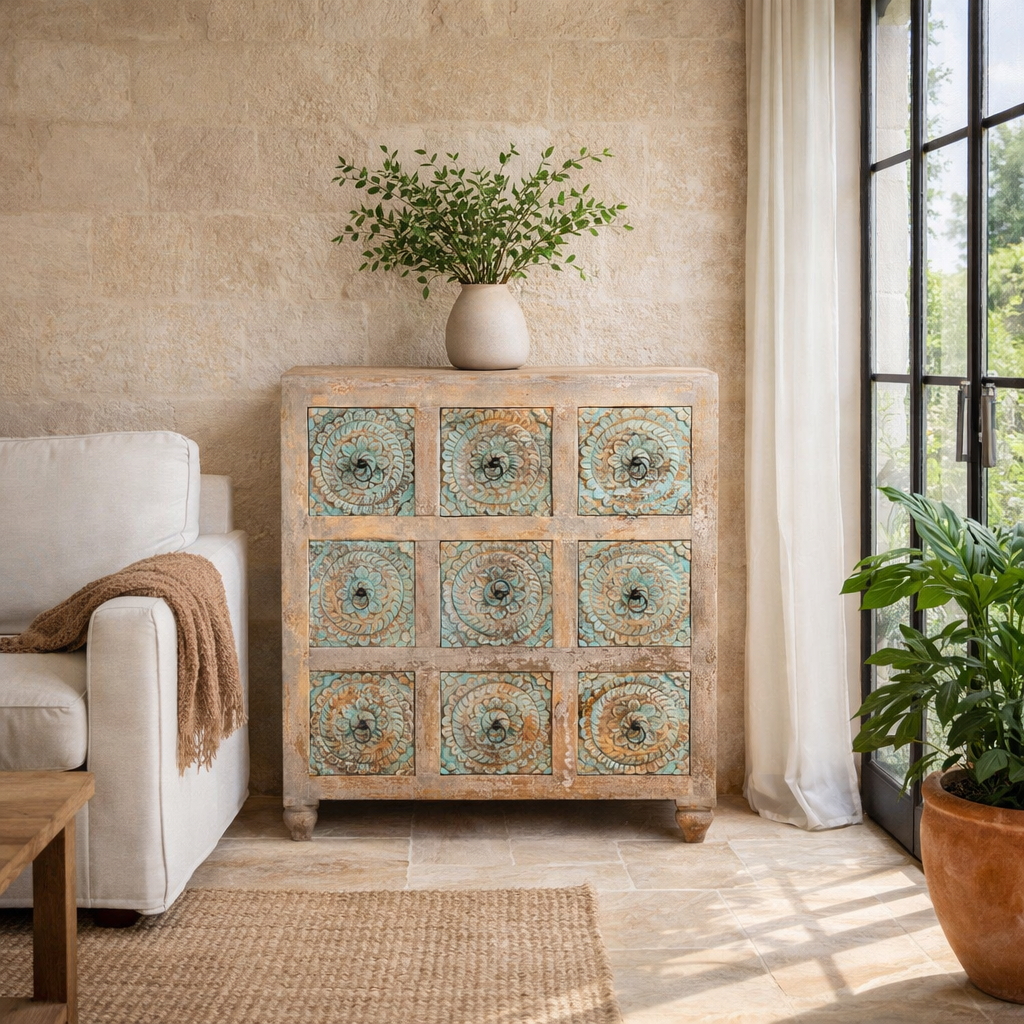 Lifestyle image of a hand-carved mango wood vintage chest of drawers with greenwashed floral fronts and antique white finish; perfect for bedroom furniture, 90 × 100 × 40 cm.