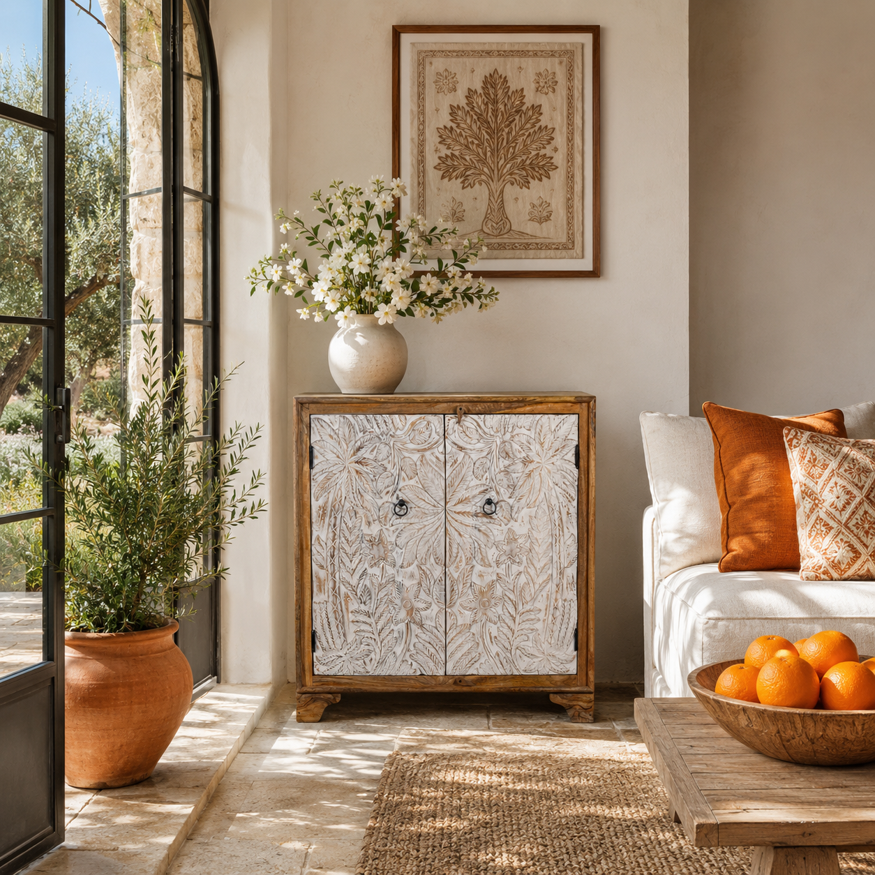Lifestyle imagination of a hand-carved mango wood cupboard Utkarsh with whitewashed doors featuring palm tree and botanical motifs. A Mediterranean-inspired piece of Indian furniture combining artisan detail with practical storage.
