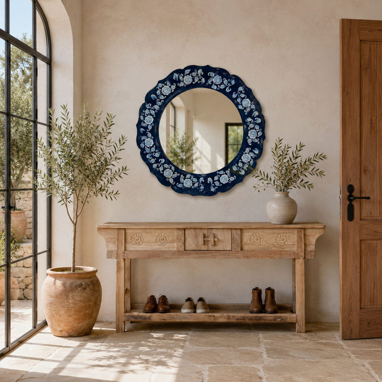 Lifestyle image of a Uttam hand-painted round reclaimed wood mirror with deep blue floral frame, vintage artisan detailing, 90cm diameter.