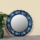 Uttam hand-painted round reclaimed wood mirror with deep blue floral frame, vintage artisan detailing, 90cm diameter.