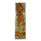 White background image of a hand-painted Indian teak wall panel featuring a vibrant tiger motif on reclaimed antique wood, handcrafted by artisans in Rajasthan for unique cultural wall décor.