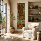 Lifestyle image of a hand-painted Indian teak wall panel featuring a vibrant tiger motif on reclaimed antique wood, handcrafted by artisans in Rajasthan for unique cultural wall décor.