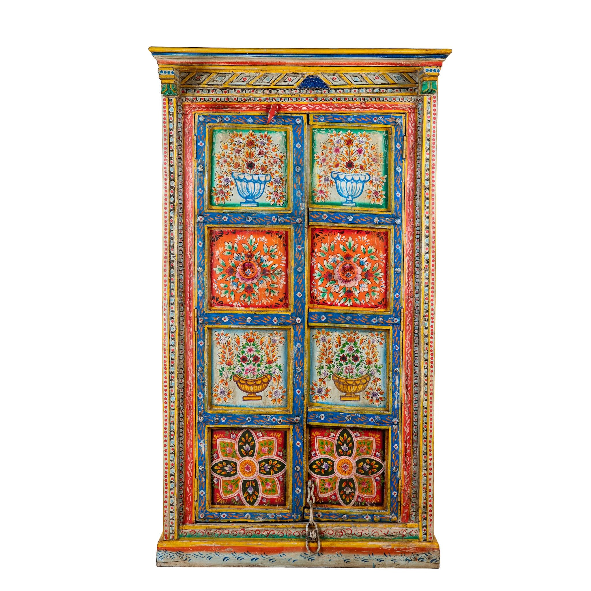 White background image of a hand-painted teak wood cabinet with floral motifs; teak wood furniture for bohemian interiors, 105 × 55 × 177 cm.