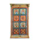 Wite background image of a hand-painted teak wood cabinet with floral motifs; teak wood furniture for bohemian interiors, 105 × 55 × 177 cm.