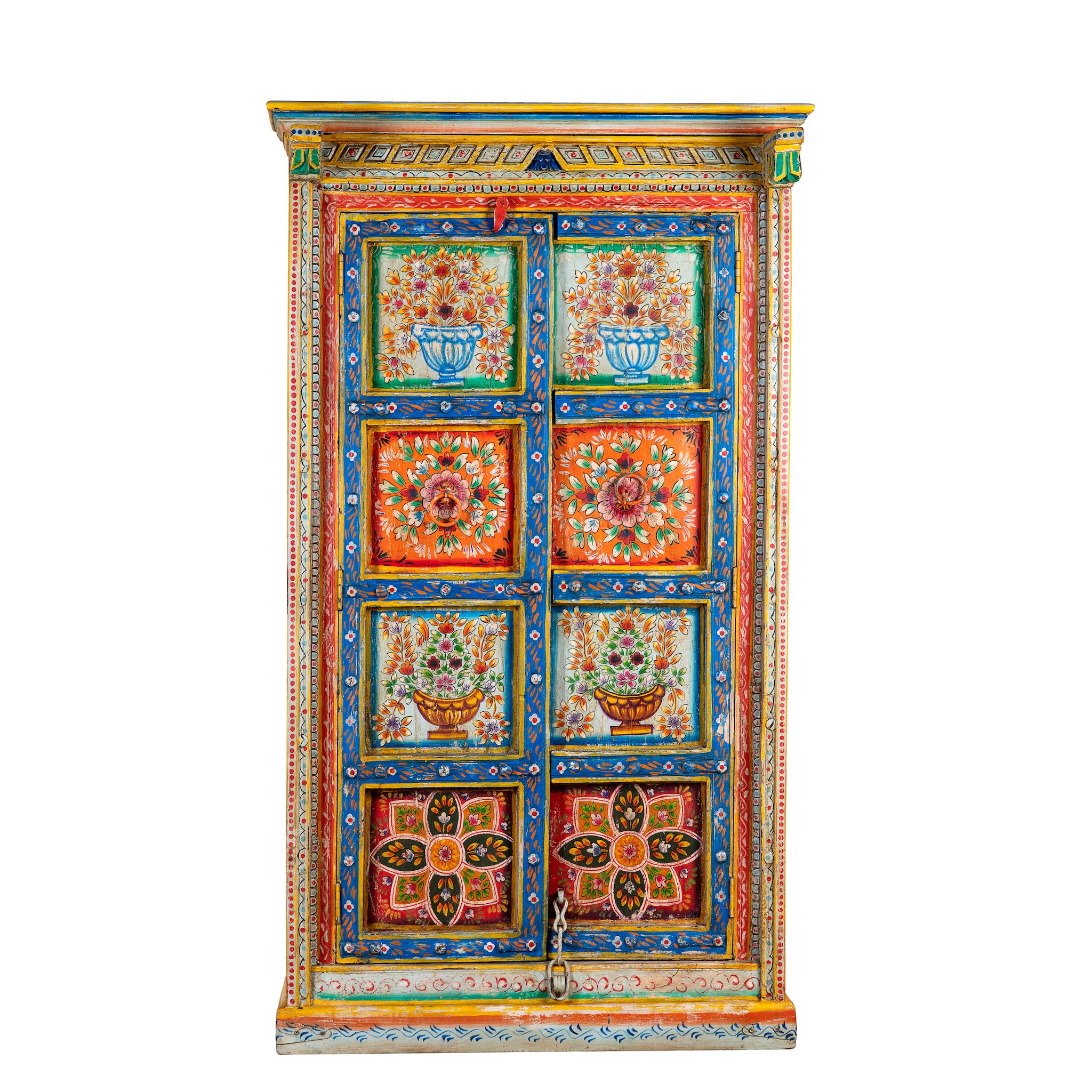 Wite background image of a hand-painted teak wood cabinet with floral motifs; teak wood furniture for bohemian interiors, 105 × 55 × 177 cm.