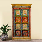 Hand-painted teak wood cabinet with floral motifs; teak wood furniture for bohemian interiors, 105 × 55 × 177 cm.