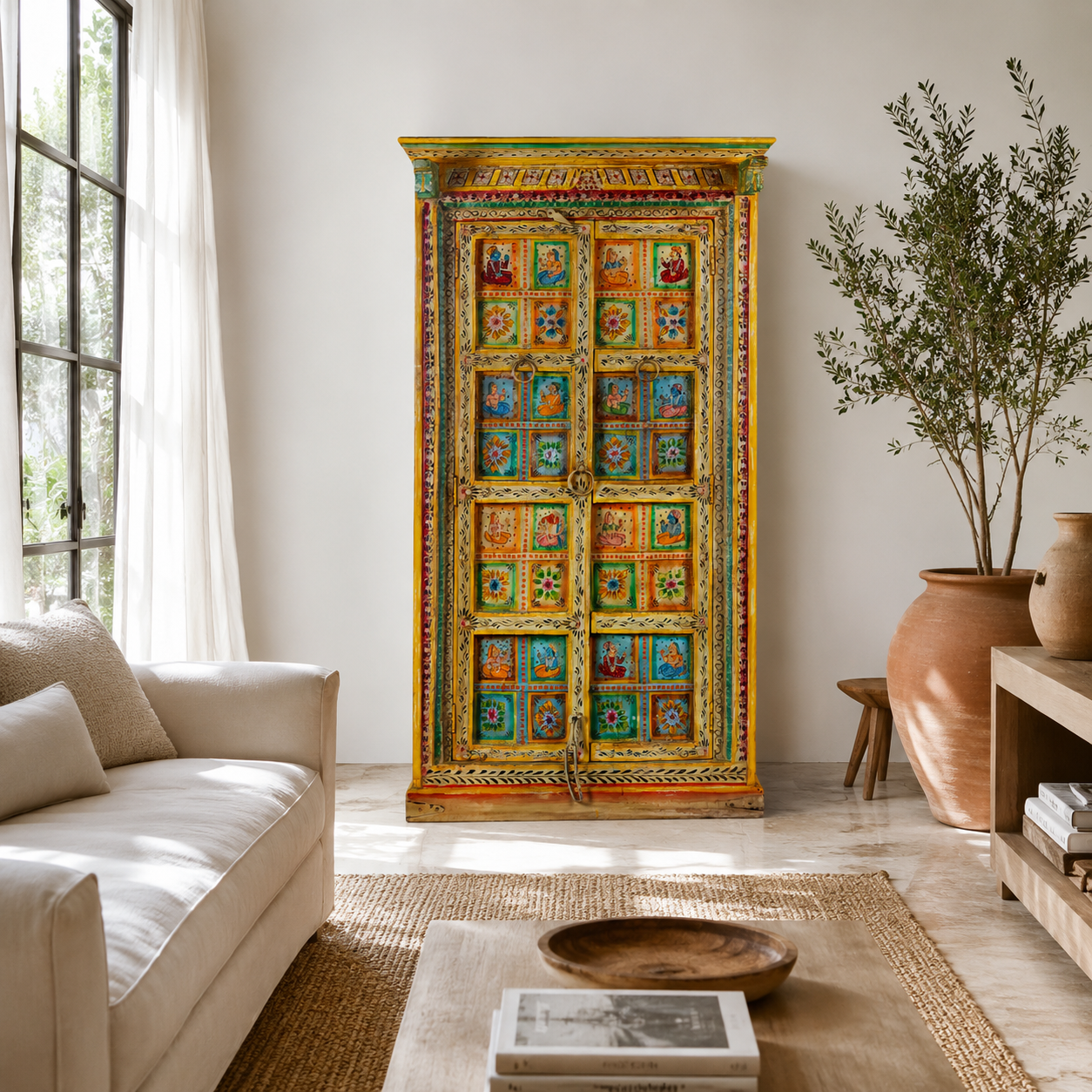 Lifestyle image of a hand painted wardrobe made of teak wood with floral motifs; unique furniture inspired by Indian artistry, 104 × 50 × 186 cm.