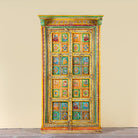 Hand painted wardrobe made of teak wood with floral motifs; unique furniture inspired by Indian artistry, 104 × 50 × 186 cm.