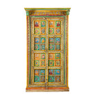 White background image of a hand painted wardrobe made of teak wood with floral motifs; unique furniture inspired by Indian artistry, 104 × 50 × 186 cm.
