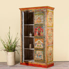 Open door image of a hand painted teak wood cabinet with floral motifs, restored Indian furniture online; unique storage piece, 100 × 44 × 185 cm.