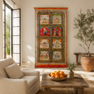 Lifestyle image of a hand painted teak wood cabinet with floral motifs, restored Indian furniture online; unique storage piece, 100 × 44 × 185 cm.