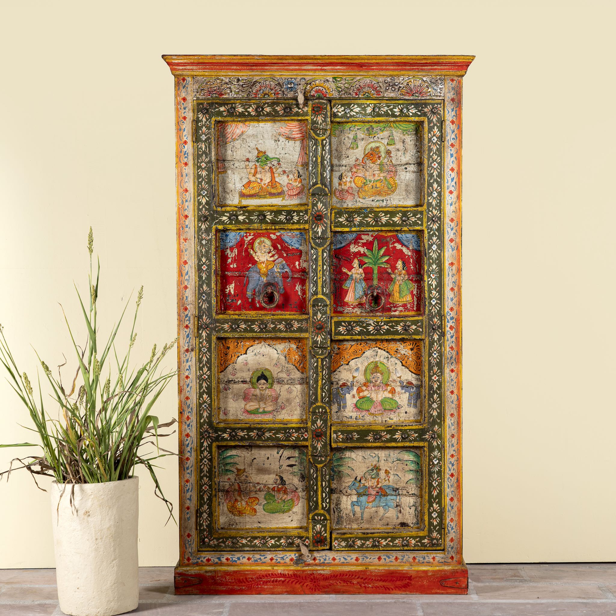 Hand painted teak wood cabinet with floral motifs, restored Indian furniture online; unique storage piece, 100 × 44 × 185 cm.