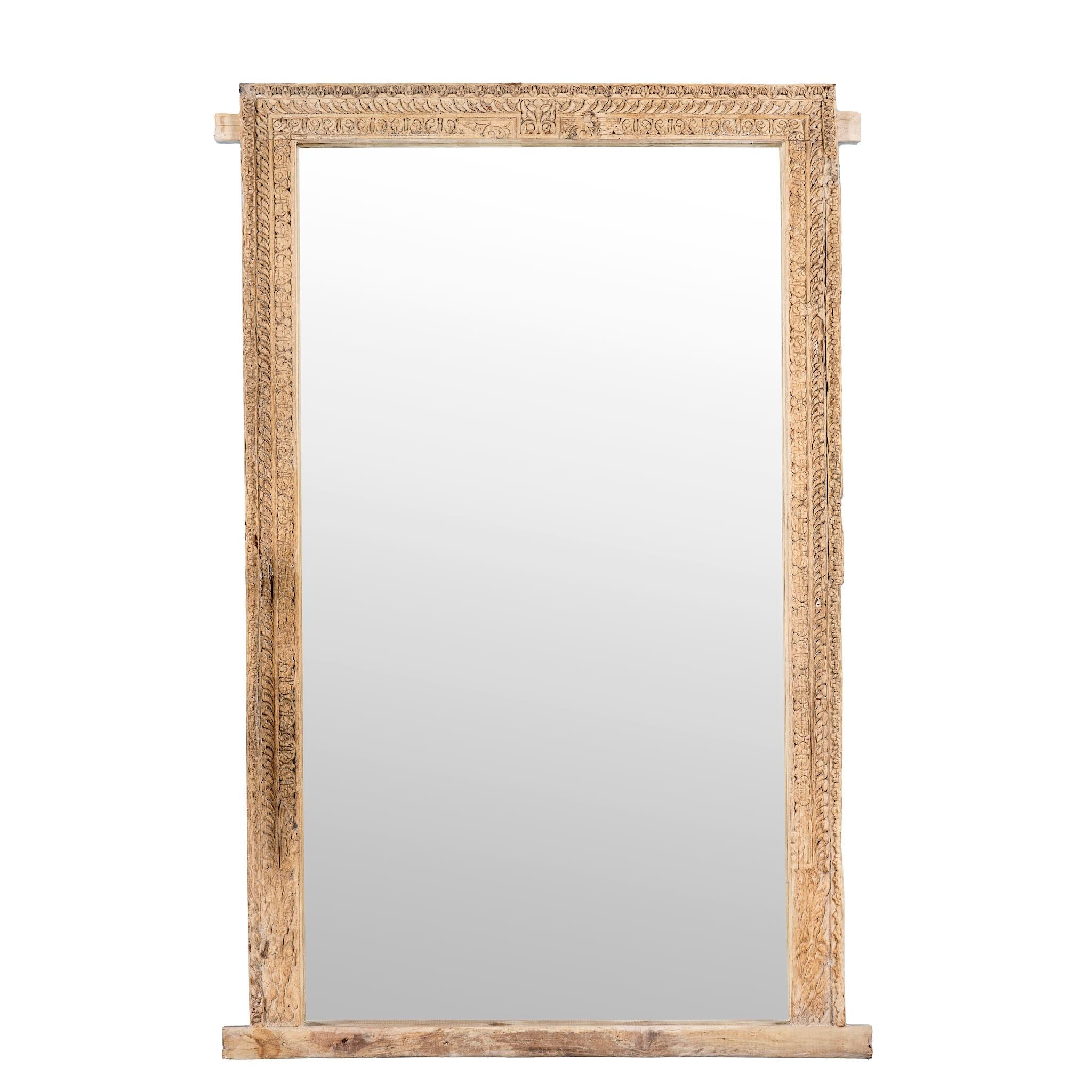 White background image of a Vadish antique Indian teak wood window mirror with bleached Ibiza-style finish, 156cm