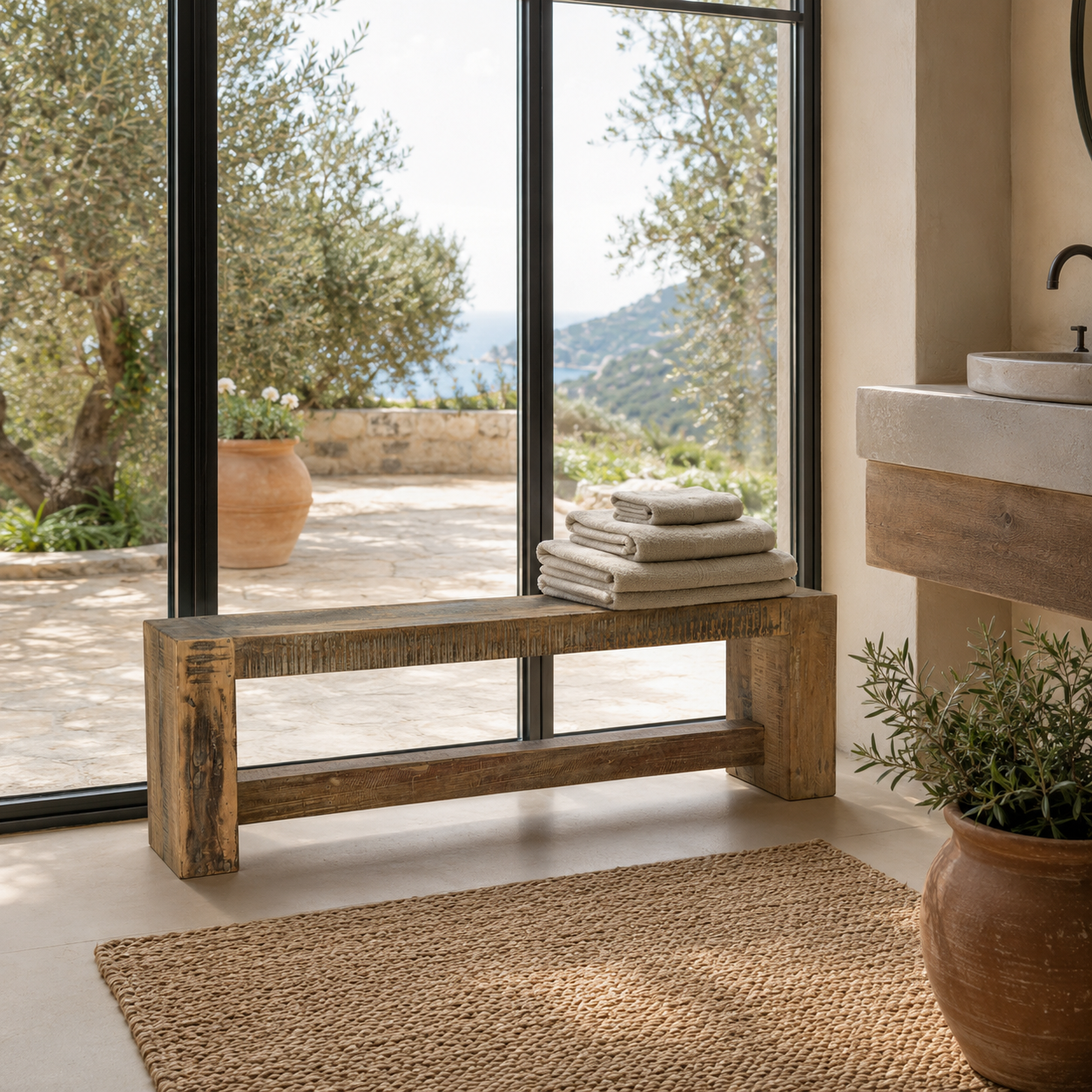 Vama rustic reclaimed teak wood bench with minimalist design, 160cm