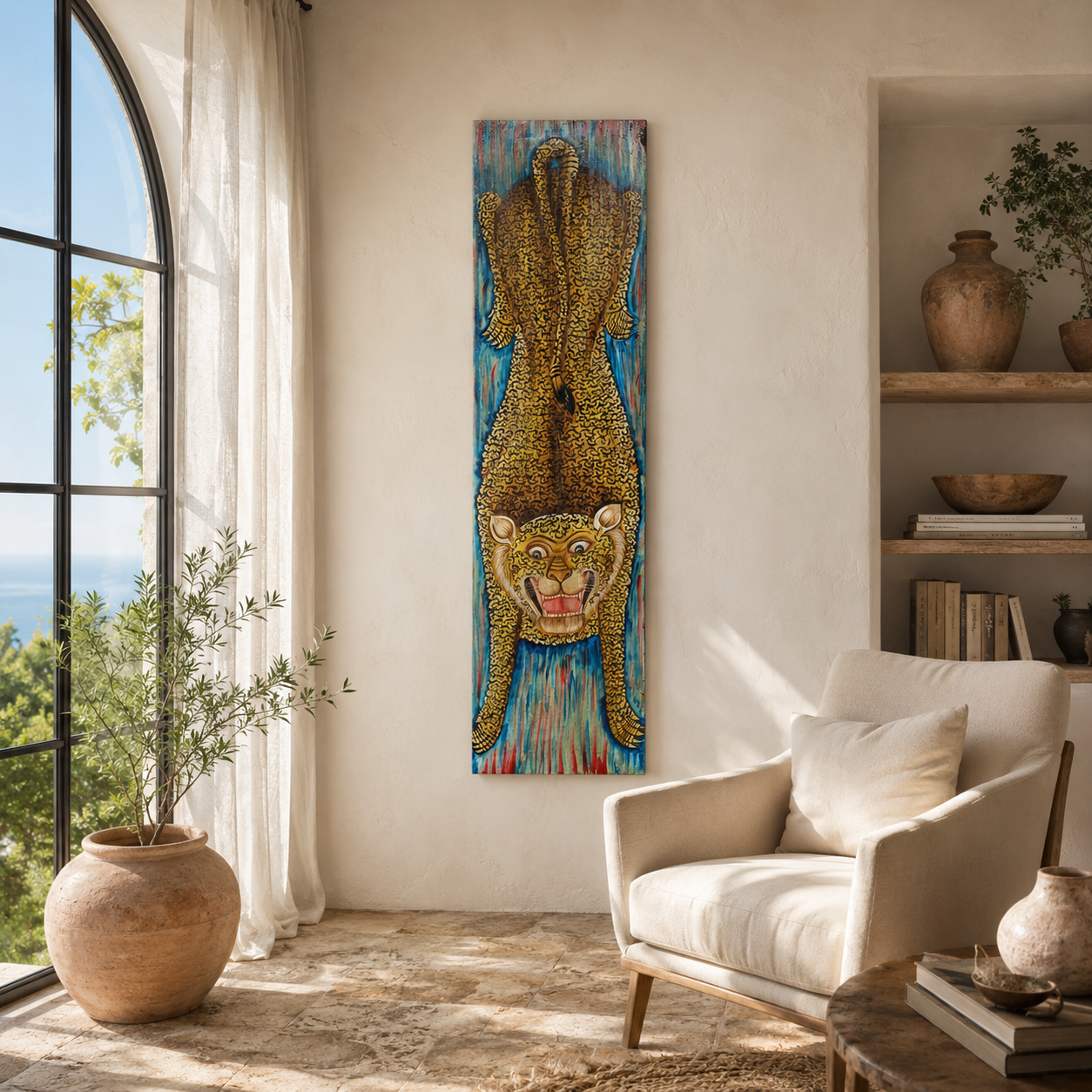 Lifestyle image of a Vanij hand-painted tiger wall panel made from an old Indian teak door—an expressive old door panel reimagined as a vertical artwork with heritage and cultural depth.