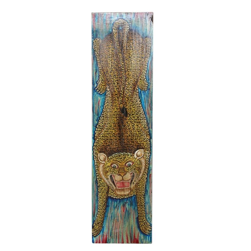 White background image of a Vanij hand-painted tiger wall panel made from an old Indian teak door—an expressive old door panel reimagined as a vertical artwork with heritage and cultural depth.