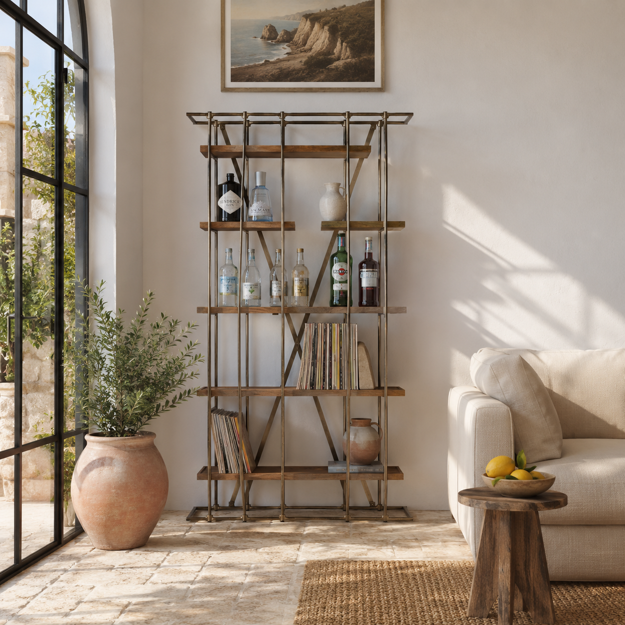 Lifestyle image of a brass-plated iron shelving unit with removable mango wood trays – minimalistic furniture and modular mango wood shelving for contemporary interiors.