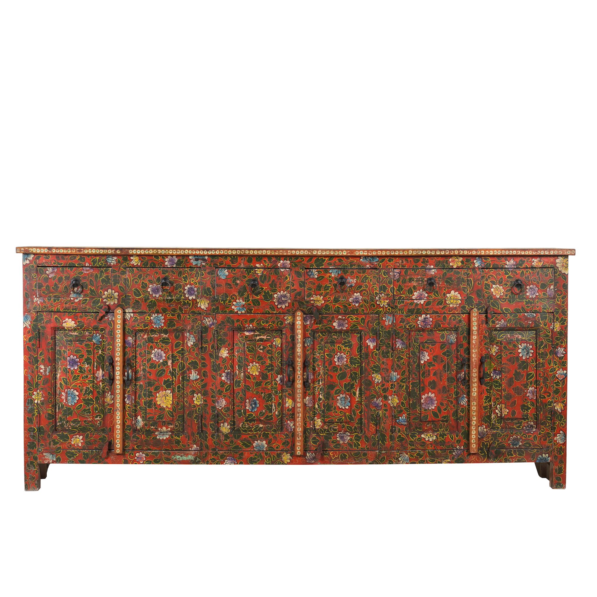 White background image of a hand painted sideboard made of reclaimed wood in boho design with ample storage.