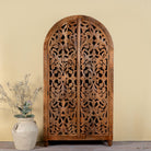 Hand carved wooden wardrobe with arc-shaped cabinet design in solid mango wood – Aranya model by Om Home & Garden