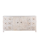 White background image of a Varnika white-washed mango wood sideboard with hand-carved front, six small drawers and two doors, 180x50x85cm