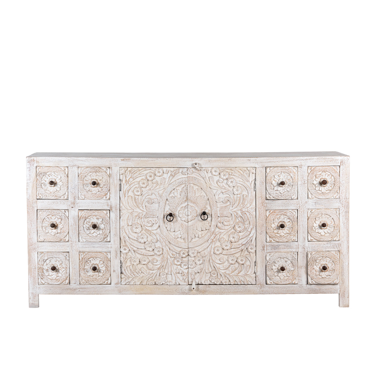 White background image of a Varnika white-washed mango wood sideboard with hand-carved front, six small drawers and two doors, 180x50x85cm