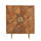 White background image of a natural mango wood cupboard with carved linear design and antique brass legs, 91 × 40 × 109 cm.