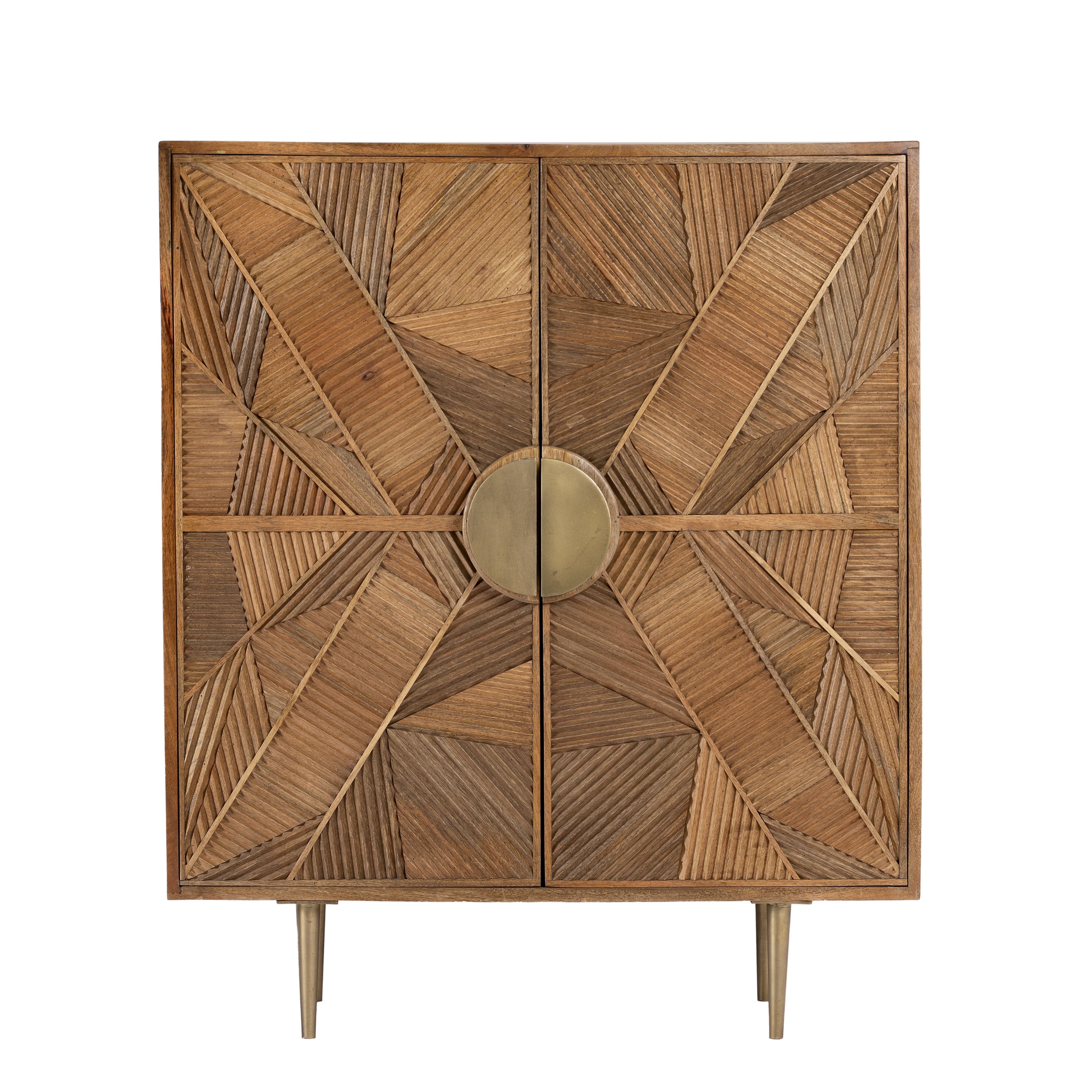 White background image of a natural mango wood cupboard with carved linear design and antique brass legs, 91 × 40 × 109 cm.