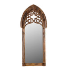 White background image of a Veda hand carved mango wood arch mirror with decorative openwork frame and natural mango finish, 85x15x197cm