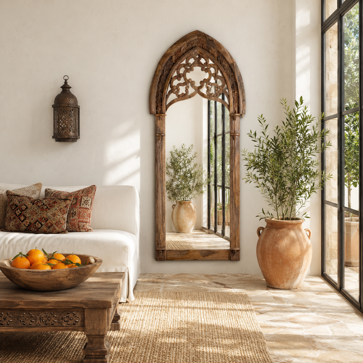 Lifestyle image of a Veda hand carved mango wood arch mirror with decorative openwork frame and natural mango finish, 85x15x197cm