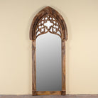 Veda hand carved mango wood arch mirror with decorative openwork frame and natural mango finish, 85x15x197cm