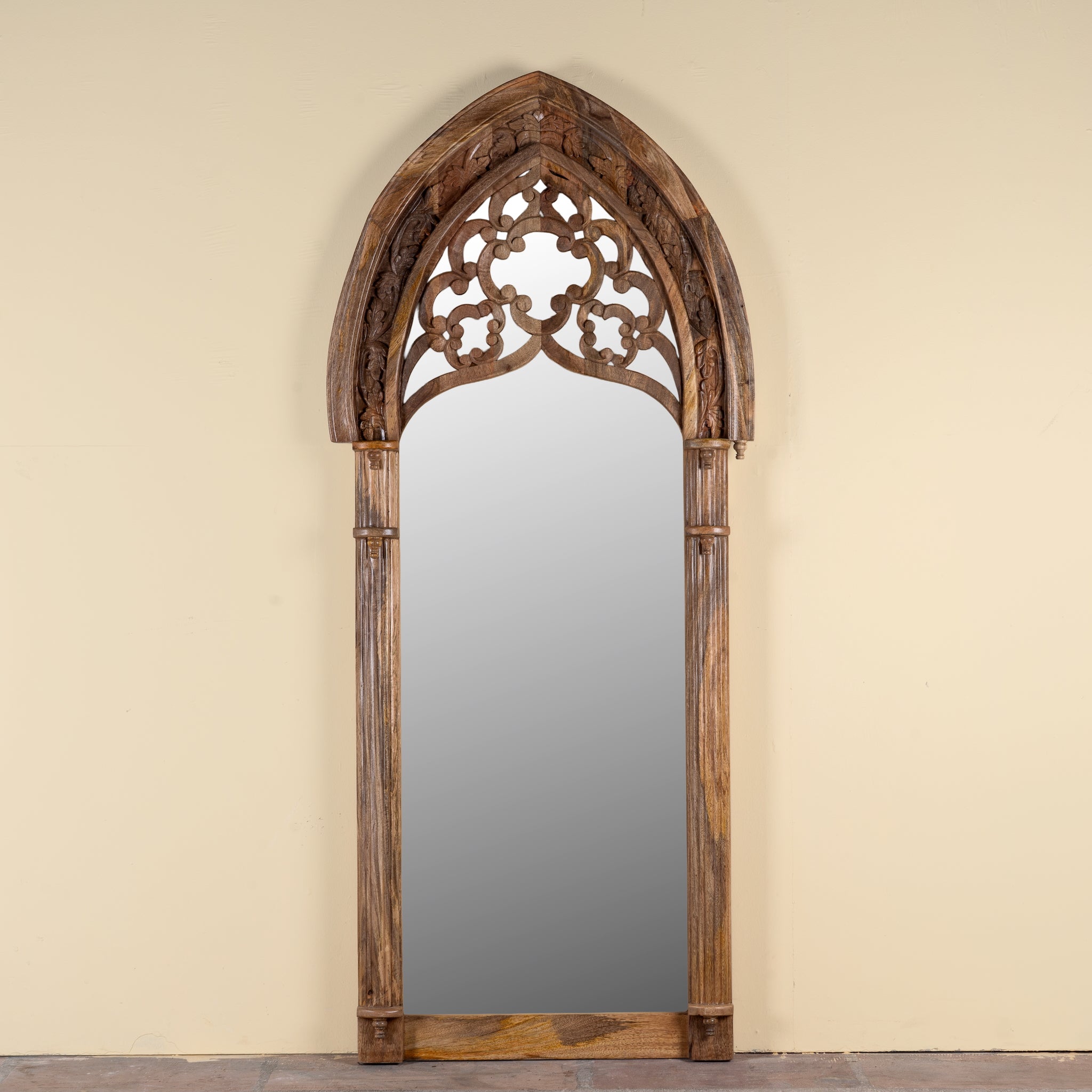 Veda hand carved mango wood arch mirror with decorative openwork frame and natural mango finish, 85x15x197cm