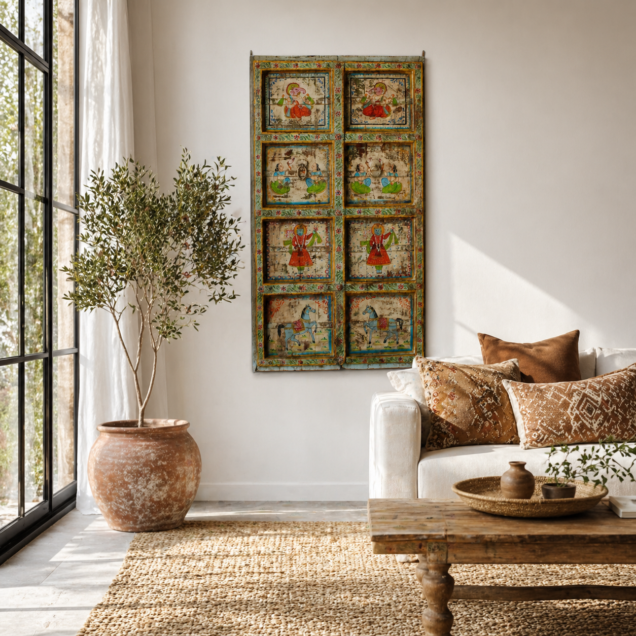 Lifestyle image of a Vedant hand-painted teak wood wall decoration featuring eight illustrated folklore panels, an expressive and detailed wall decoration from antique Indian door panels.
