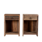 White background image of a Reclaimed wood bedside table with drawer and open shelf – handcrafted driftwood furniture designed for rustic minimalism and natural interiors.