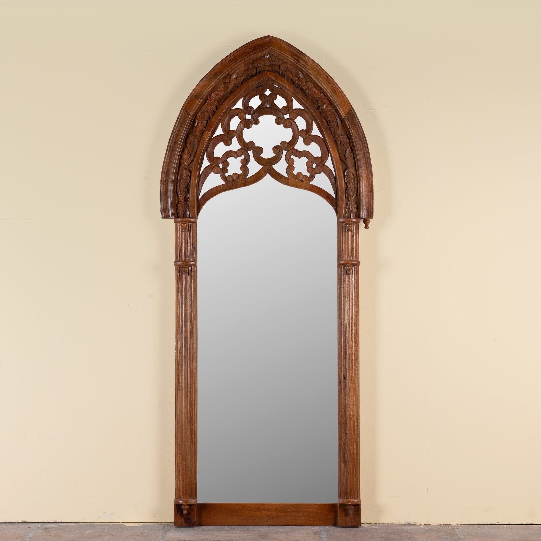 Veeksha hand carved mango wood arch mirror with decorative openwork frame in teak wood finish, 85x15x197cm