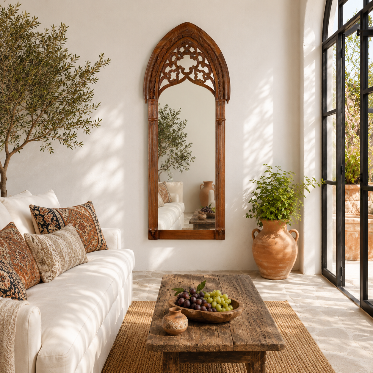 Lifestyle image of a Veeksha hand carved mango wood arch mirror with decorative openwork frame in teak wood finish, 85x15x197cm