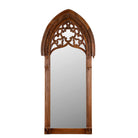 White background image of a Veeksha hand carved mango wood arch mirror with decorative openwork frame in teak wood finish, 85x15x197cm