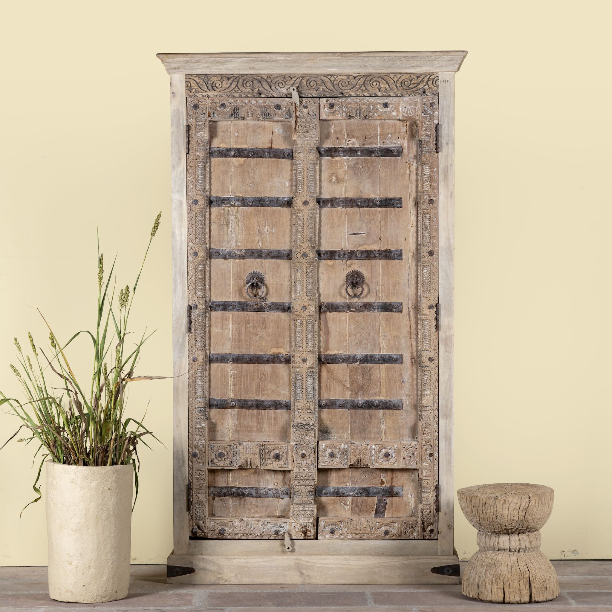 Hand-carved teak wood wardrobe with original iron fittings – Veena model by Om Home & Garden