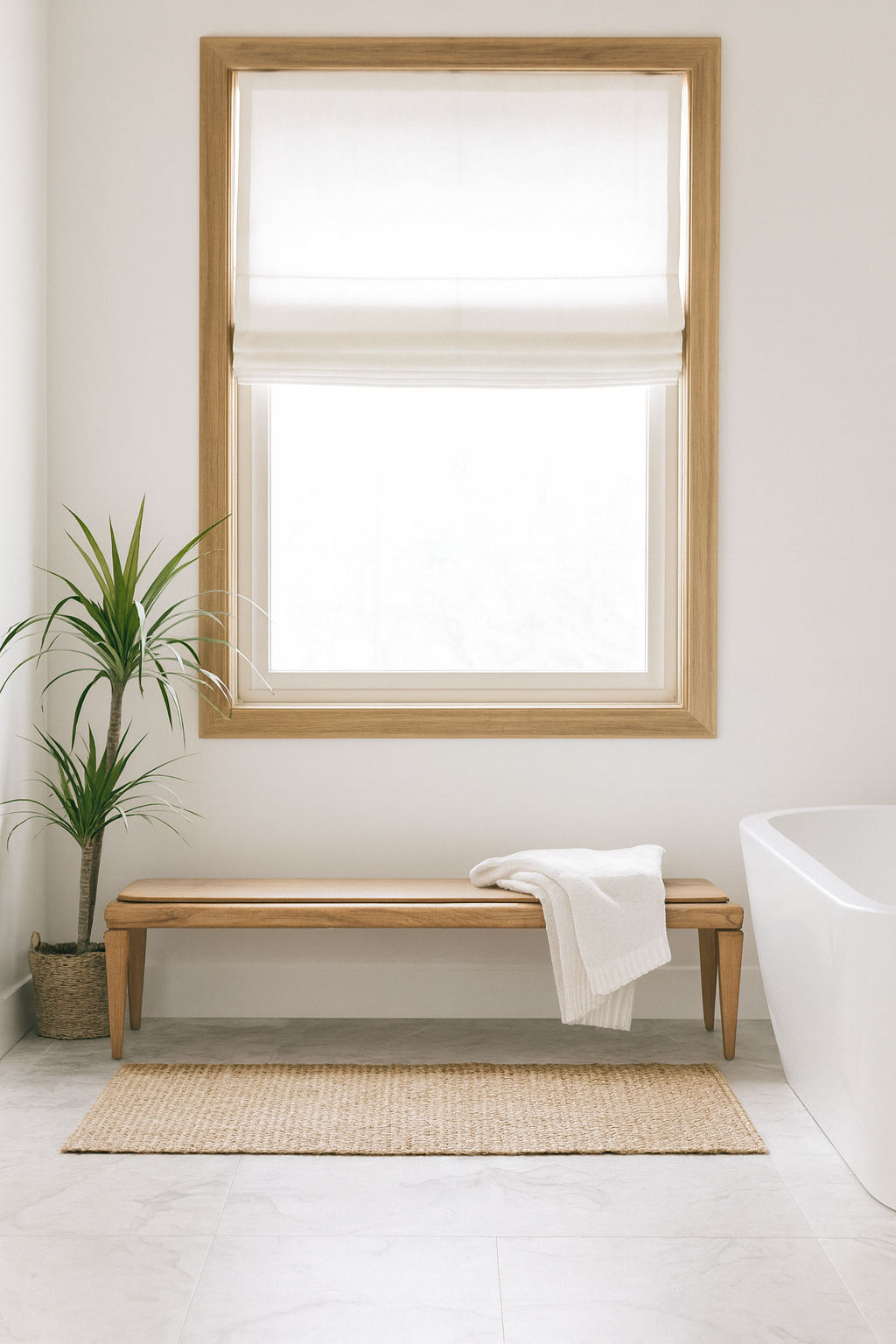 Lifestyle imagination of a minimalistic mango wood bench with natural finish and clean design; versatile wooden seating, 180 × 41 × 44 cm.