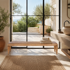 Lifestyle image of a Vetali minimalistic mango wood bench crafted from solid mango wood, 180cm