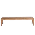 White background image of a minimalistic mango wood bench with natural finish and clean design; versatile wooden seating, 180 × 41 × 44 cm.