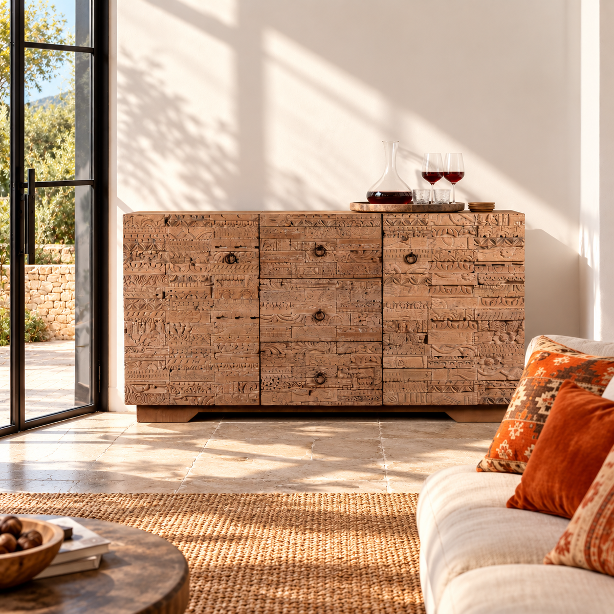 Lifestyle image of a Viara carved reclaimed wood sideboard with drawers, bleached finish and original hand-carved Indian teak house elements, 160x45x90cm