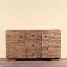 Viara carved reclaimed wood sideboard with drawers, bleached finish and original hand-carved Indian teak house elements, 160x45x90cm