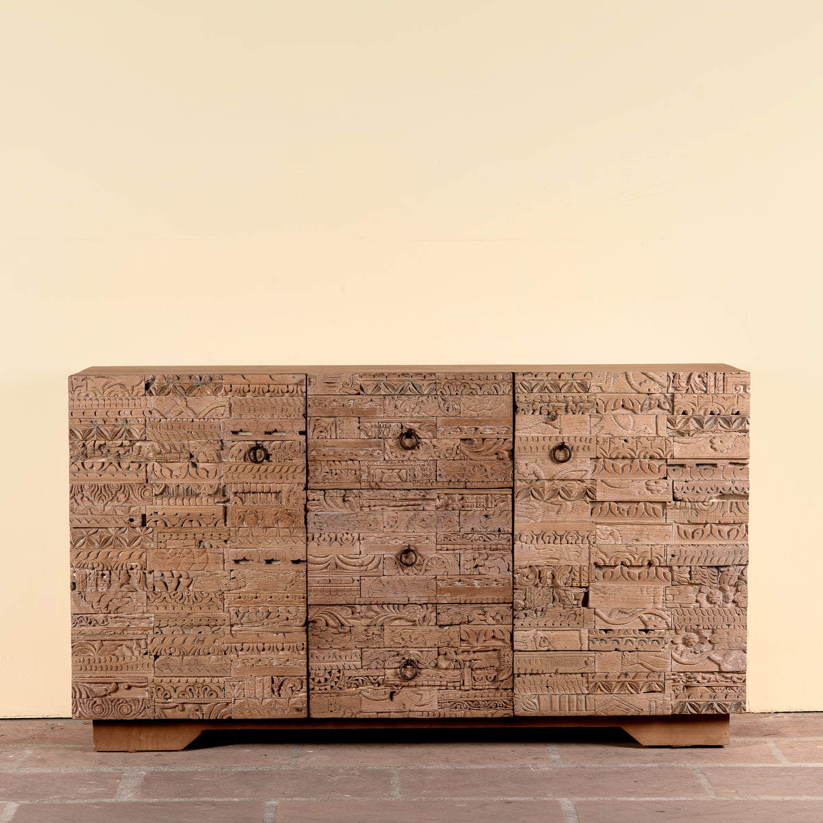 Viara carved reclaimed wood sideboard with drawers, bleached finish and original hand-carved Indian teak house elements, 160x45x90cm