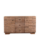 White background image of a Viara carved reclaimed wood sideboard with drawers, bleached finish and original hand-carved Indian teak house elements, 160x45x90cm