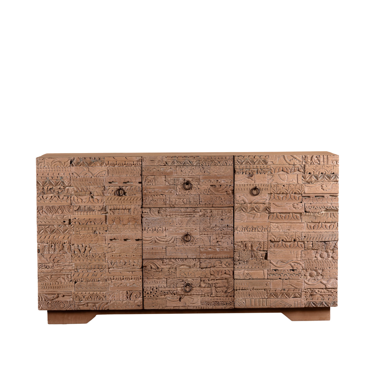 White background image of a Viara carved reclaimed wood sideboard with drawers, bleached finish and original hand-carved Indian teak house elements, 160x45x90cm