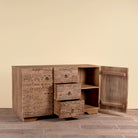 Image showing open drawers of a Viara carved reclaimed wood sideboard with drawers, bleached finish and original hand-carved Indian teak house elements, 160x45x90cm