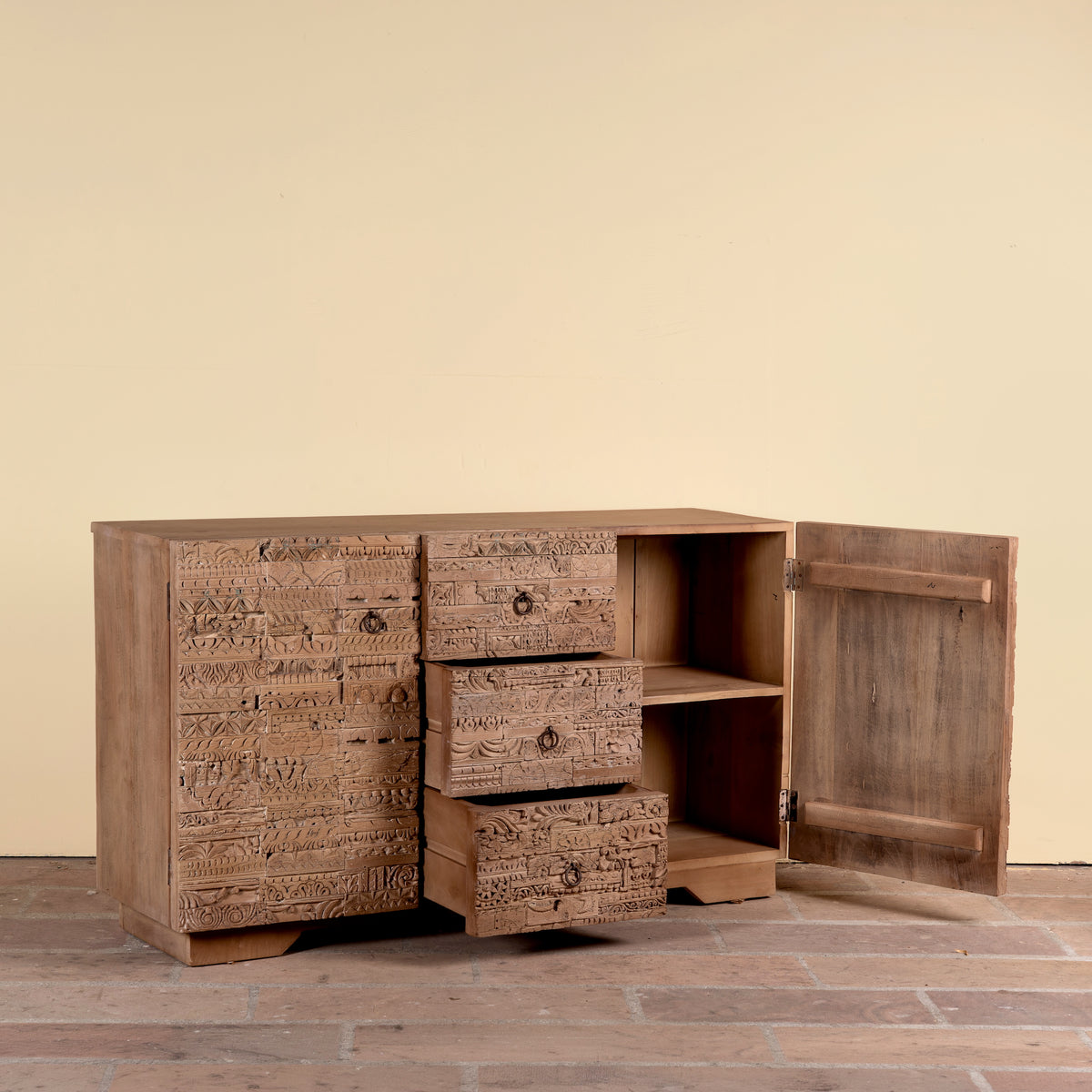 Image showing open drawers of a Viara carved reclaimed wood sideboard with drawers, bleached finish and original hand-carved Indian teak house elements, 160x45x90cm