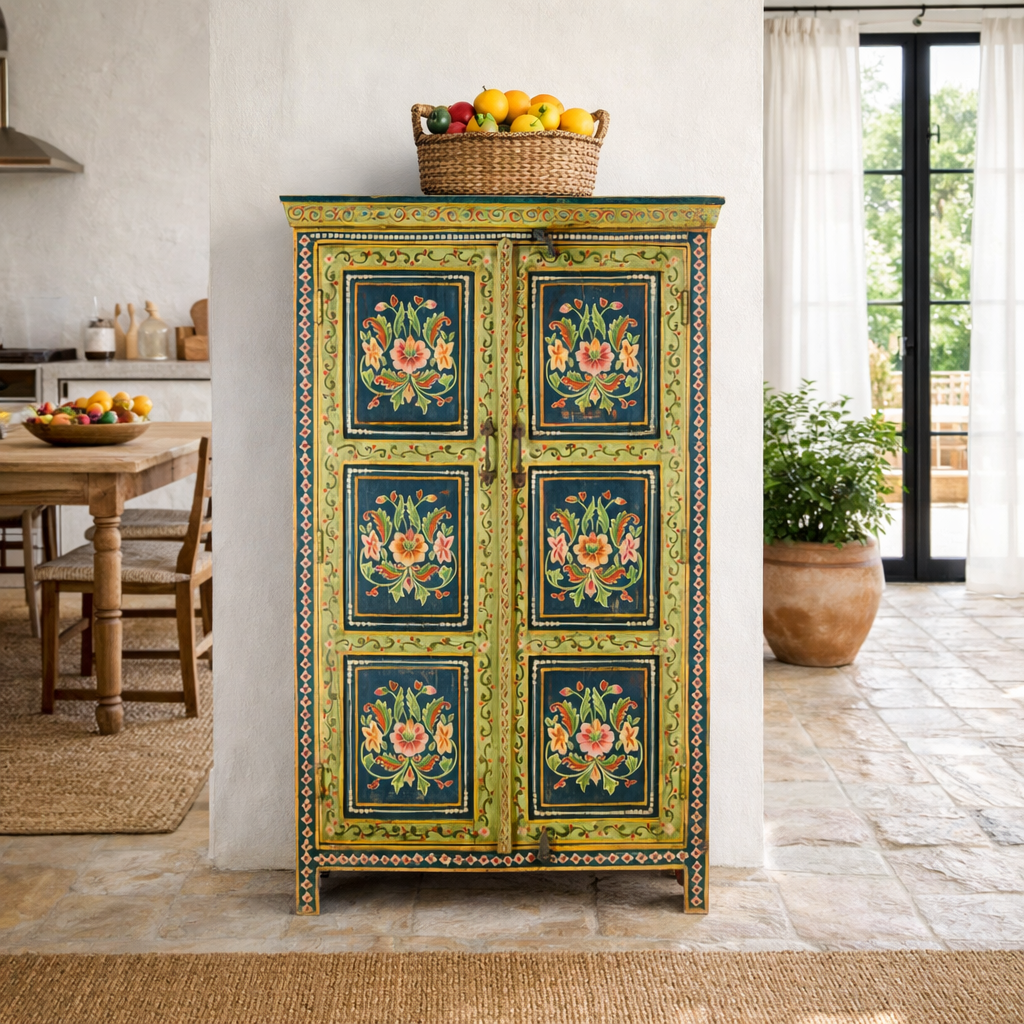 Lifestyle image of a hand painted wardrobe made of reclaimed wood with floral motifs; unique furniture for bedrooms or living rooms, 90 × 45 × 150 cm.